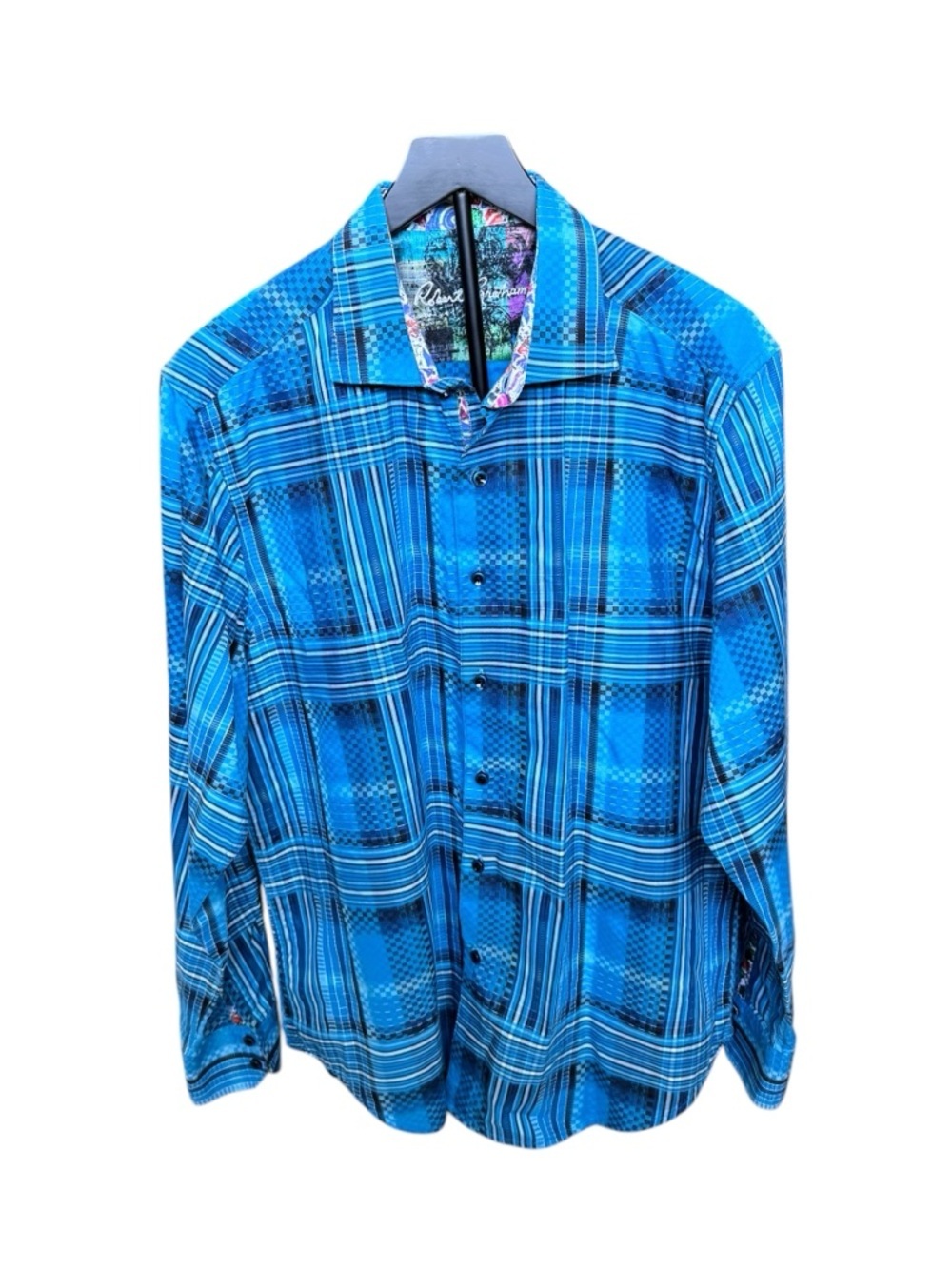 Robert Graham Blue Plaid Button Down Shirt XL Cotton Statement Luxury BB13